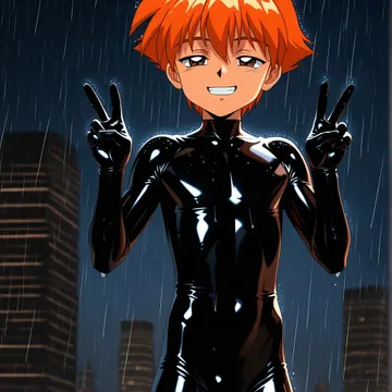 雨の夜の街で黒いラバースーツをまとい、両手でピースサインをするオレンジ髪の男の子