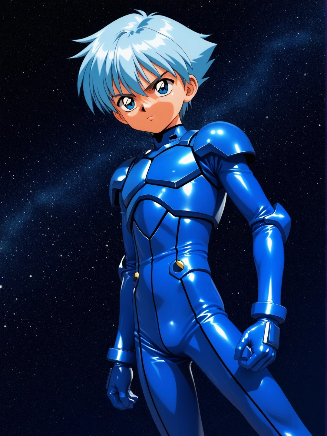 青いラバースーツの男の子を描いたイラスト