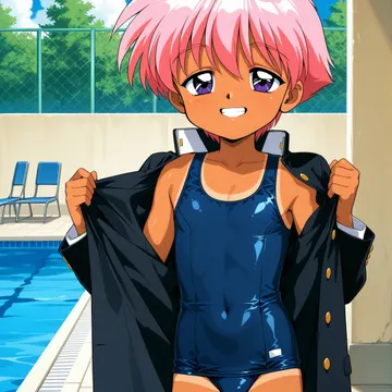 昼のプールサイドで学ランを広げ、紺色のスクール水着姿を見せるピンク髪の男の子のイラスト