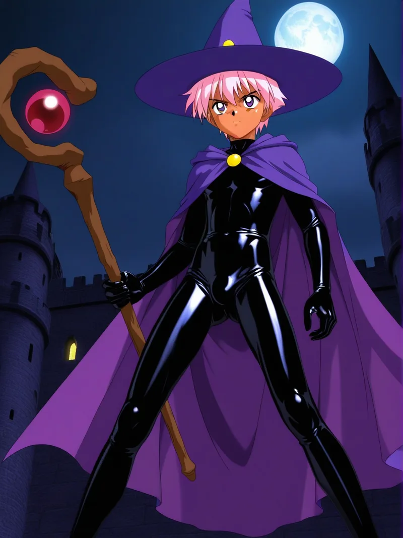月夜の城を背に、黒いラバースーツと紫のローブをまとい杖を構えるピンク髪の魔法使いの男の子