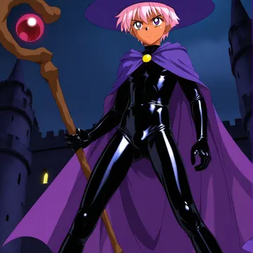 月夜の城を背に、黒いラバースーツと紫のローブをまとい杖を構えるピンク髪の魔法使いの男の子