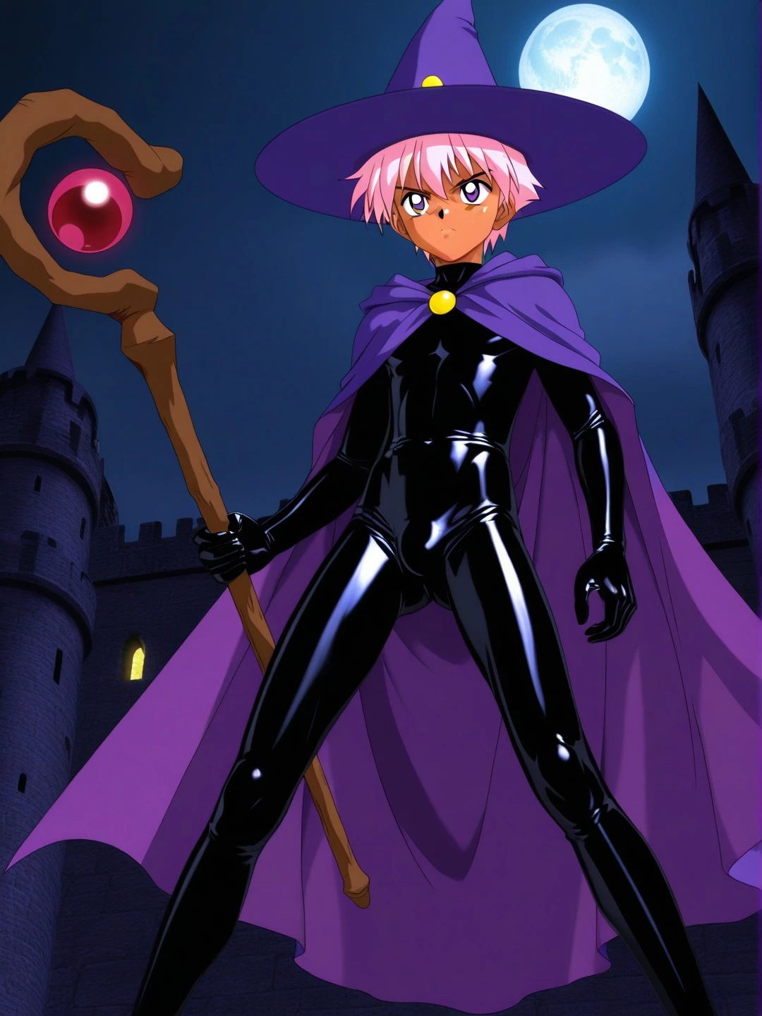 月夜の城を背に、黒いラバースーツと紫のローブをまとい杖を構えるピンク髪の魔法使いの男の子