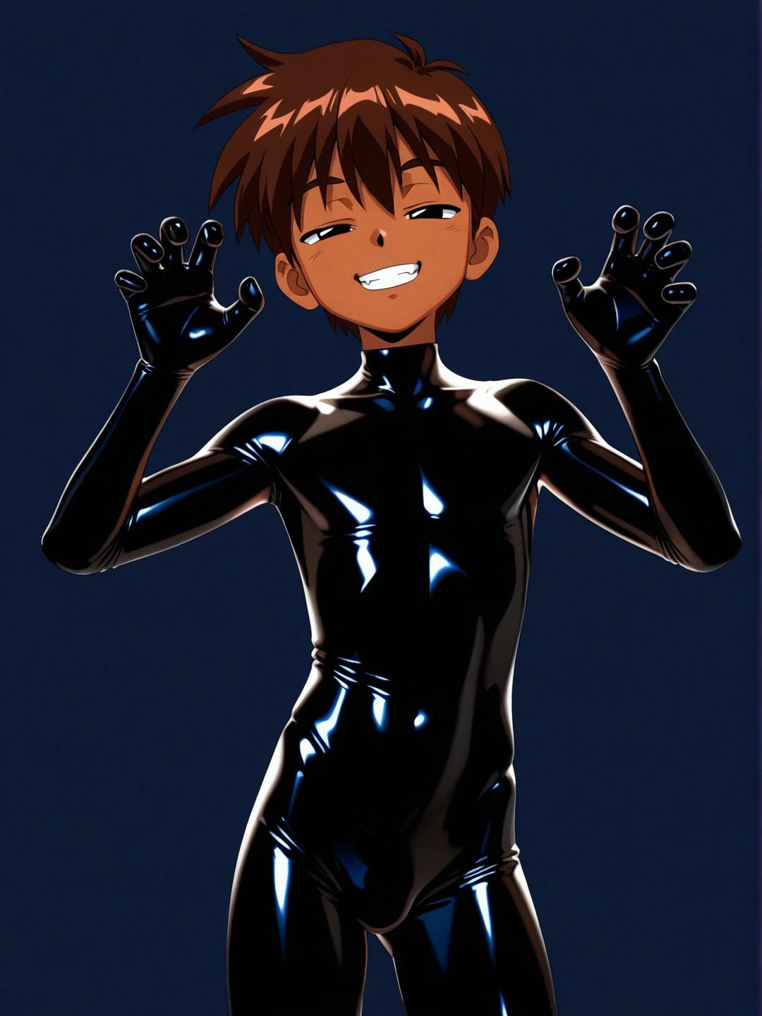 ラバースーツを着た茶髪の男の子を描いたイラスト