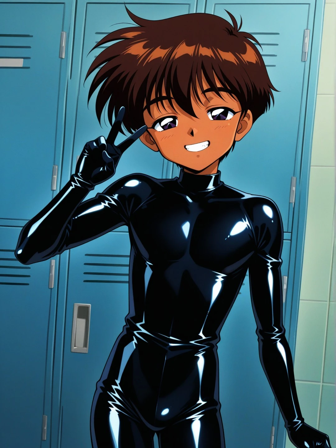 黒いラバースーツを着た男の子を描いたイラスト