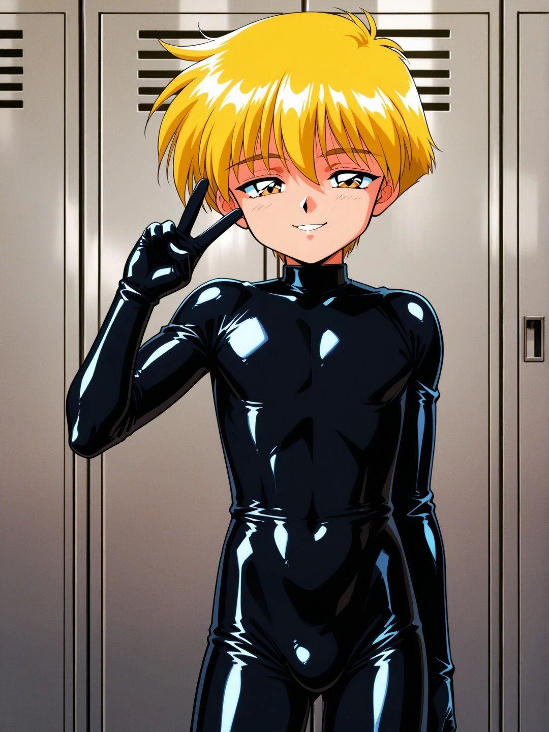 黒いラバースーツを着た男の子を描いたイラスト
