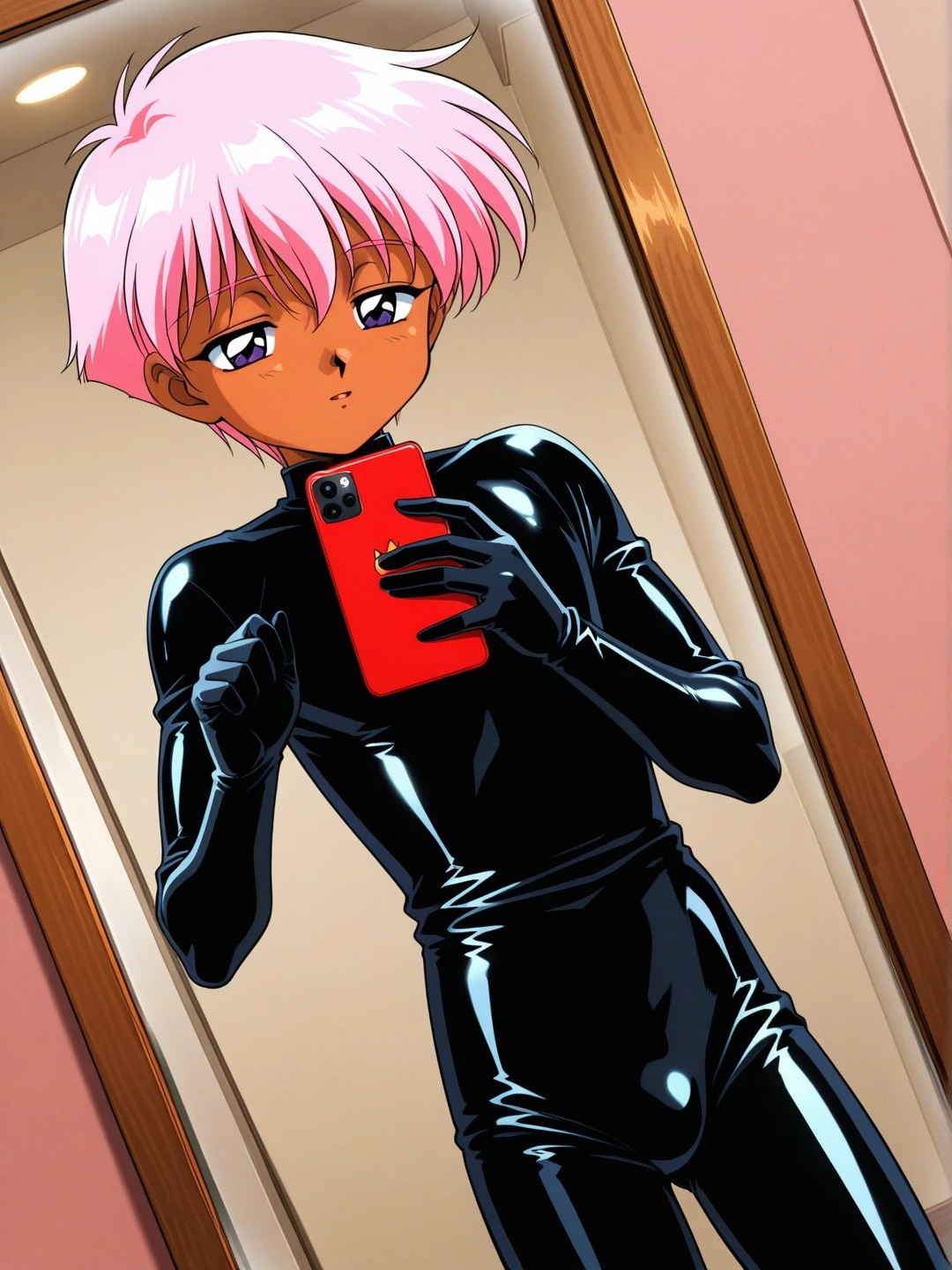 黒いラバースーツを着た男の子を描いたイラスト