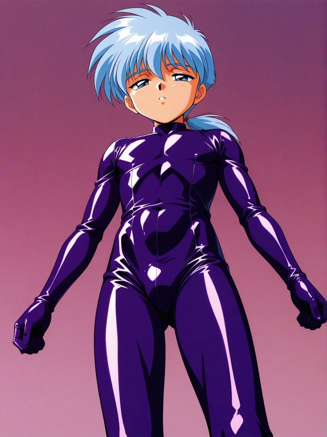 紫色のラバースーツを着た銀青髪の男の子を描いたイラスト